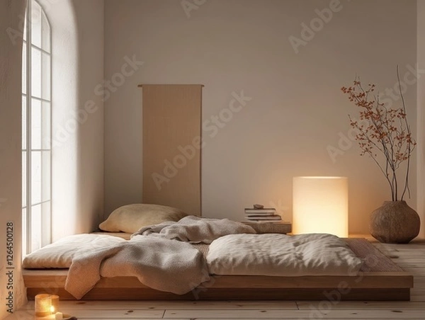 Fototapeta Minimalist interior features a low platform bed near a window
