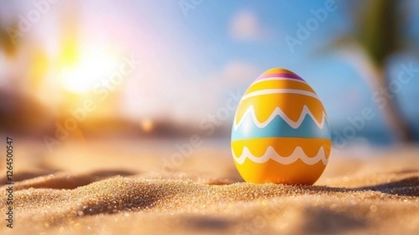 Fototapeta Brightly Colored Easter Egg on Sandy Beach at Sunset