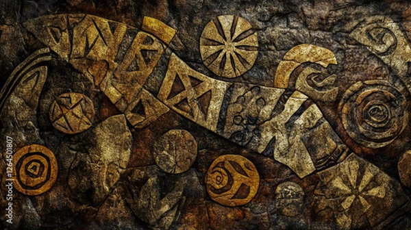 Fototapeta Detailed and artistic depiction of ancient petroglyphs intricately carved into stone