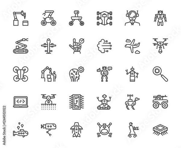 Fototapeta Simple outline icon set of robot machine artificial intelligence automated innovation, arm, factory, production and related things, technology develop and future engineering robotic concept