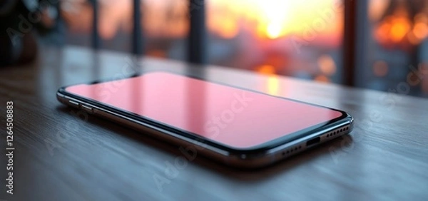 Obraz Smartphone Sunset Mockup: Modern Device on Wooden Table