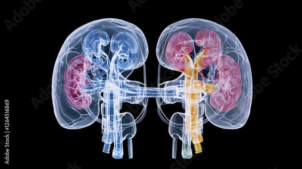 Fototapeta Anatomical illustration of human kidneys and urinary system, showcasing detailed structures and functions