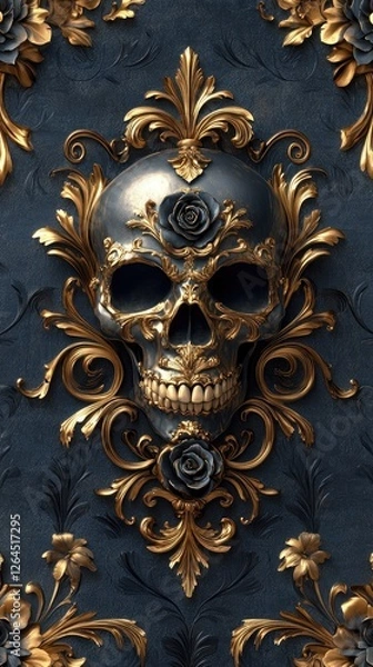 Fototapeta Ornate skull design with golden floral elements on a dark textured background, showcasing elegance
