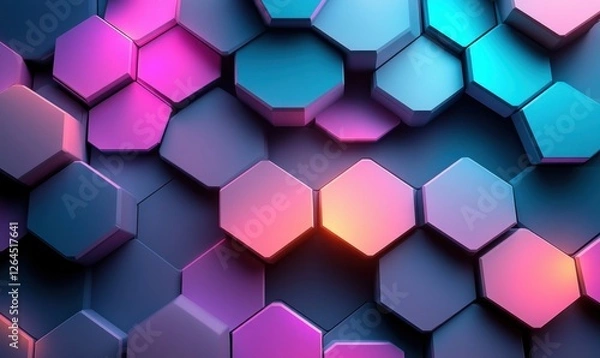 Fototapeta Abstract colorful hexagons background, 3D render, technology, design