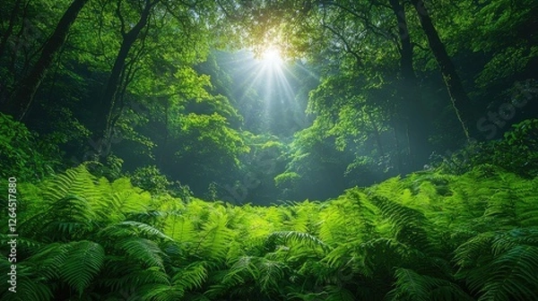 Obraz Lush green forest with sunlight filtering through trees, illuminating ferns in a serene landscape