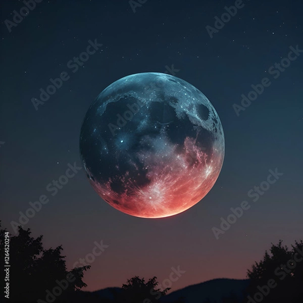 Fototapeta A dramatic and ominous total lunar eclipse at night, with the moon transformed into a deep, bloody red hue, suspended in a dark blue to black starry sky, set against a subtle.