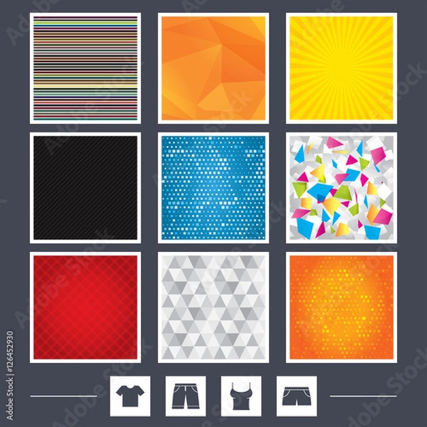 Fototapeta Yellow background. Carbon fiber texture. Mossaic and low poly design. Clothes icons. T-shirt and bermuda shorts signs. Swimming trunks symbol. Abstract backgrounds. Vector