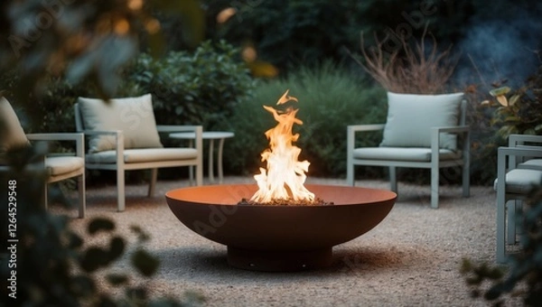 Obraz A warm and inviting fire pit surrounded by modern outdoor furniture creates a serene gathering space, perfect for relaxation and social interaction in nature.