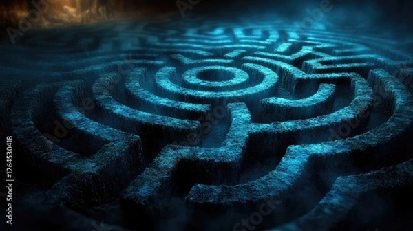 Fototapeta Mystical labyrinth illuminated by ethereal light, surrounded by fog in a dark forest setting