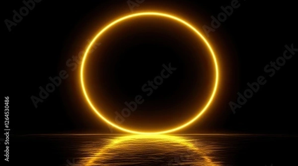 Fototapeta A glowing golden circular light source reflecting on a dark, tranquil surface, creating a serene atmosphere