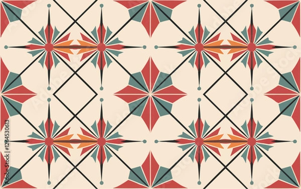 Fototapeta Geometric pattern featuring star-like shapes in teal, coral, and cream arranged in a repeating grid on a light background