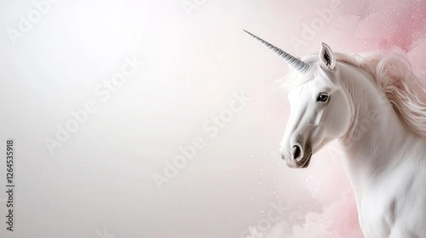 Fototapeta Elegant white unicorn against a soft pink and white background symbolizes fantasy and magic.
