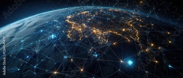 Fototapeta Global Network Connections at Night: A Digital Earth View