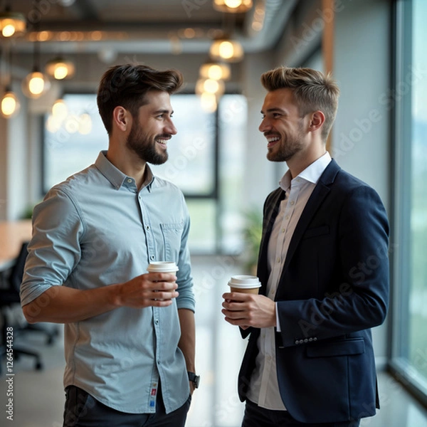 Fototapeta Two men and a woman standing in a modern office hallway, engaging in a friendly conversation with coffee cups.