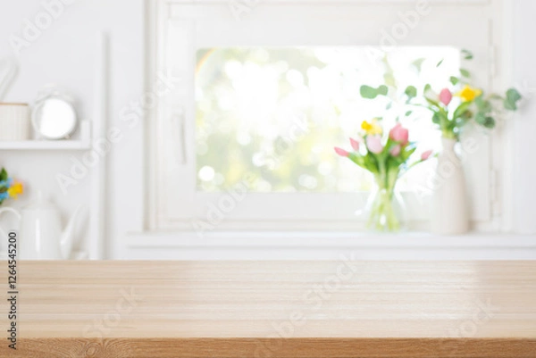 Fototapeta Empty wooden table top with free space on blurred decorated with colorful spring flowers window background
