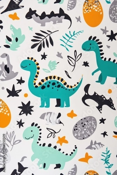 Fototapeta Dinosaur Pattern Wallpaper for Kidsâ€™ Rooms, Fun and Colorful Dino Design with Jurassic Elements, Perfect for Nursery Decor and Childrenâ€™s Art Projects