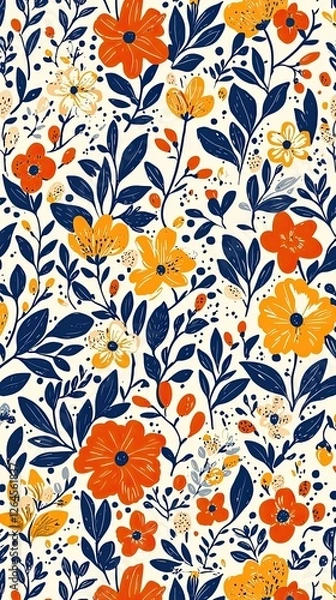 Fototapeta Vibrant floral pattern featuring orange and navy flowers on a cream background, ideal for fabric design