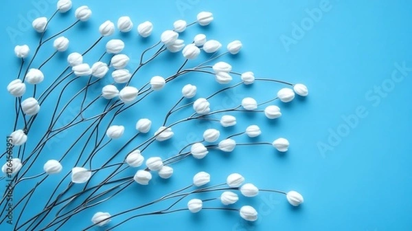 Fototapeta White cotton flower branches on a blue background