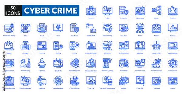 Fototapeta Cyber crime blue icon collection set. Includes hacker, malware, phishing, ransomware, spyware, breach, fraud, firewall, encryption, password, identity, scam, virus, threat, surveillance
