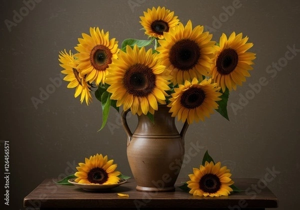 Fototapeta Elegant Photograph of Bright Sunflowers in a Rustic Vase, Perfect for Floral Decor and Nature Art Enthusiasts.