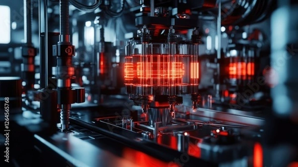 Fototapeta High-tech automated manufacturing process of microchips with red glowing components.