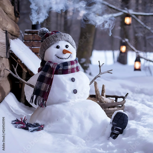 Obraz Cheerful snowman in a snowy village scene during winter