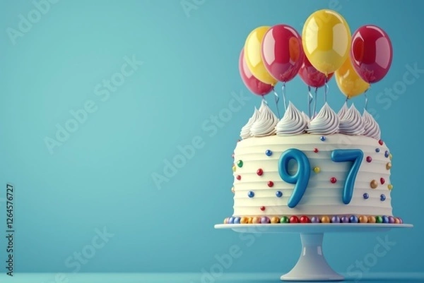 Obraz Colorful balloons accentuate a fun 3D cake with number 97.