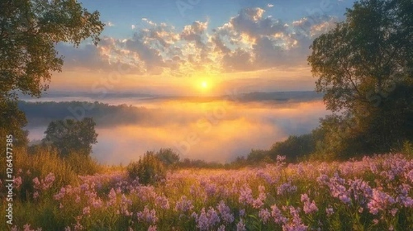 Fototapeta Serene sunrise over a misty valley filled with vibrant wildflowers and soft clouds