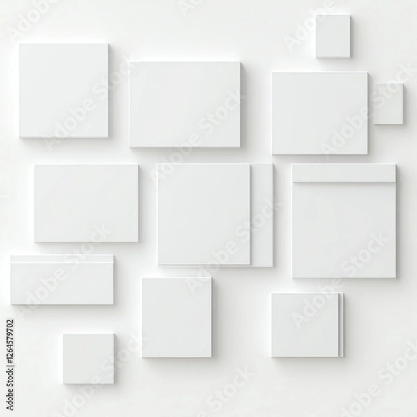 Fototapeta Abstract arrangement of blank white square panels on a wall for a clean modern background.