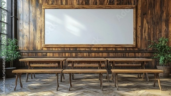 Obraz Rustic classroom setting with wooden benches and a blank whiteboard in a warm, inviting atmosphere
