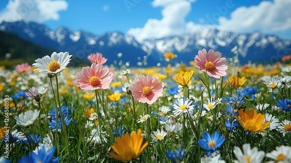 Obraz Vibrant wildflower meadow in the mountains under a clear blue sky with fluffy clouds