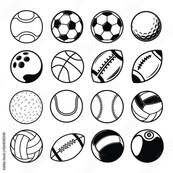 Fototapeta Sports Balls silhouette and line art Icons set vector collection with white background