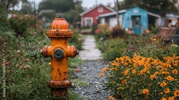 Obraz Vibrant garden scene featuring an orange fire hydrant surrounded by colorful flowers and quaint houses