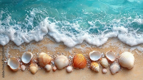 Fototapeta Colorful seashells scattered on a sandy beach with gentle waves lapping at the shore