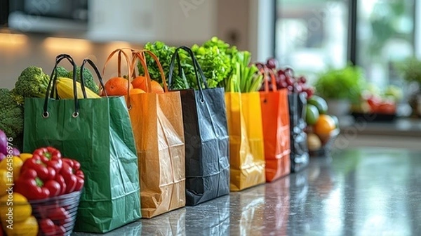 Fototapeta Colorful reusable shopping bags filled with fresh produce on a kitchen counter, sunlight streaming in
