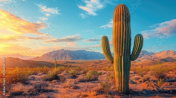 Obraz Majestic Saguaro Cactus at Sunset in Desert Landscape with Colorful Sky and Mountains