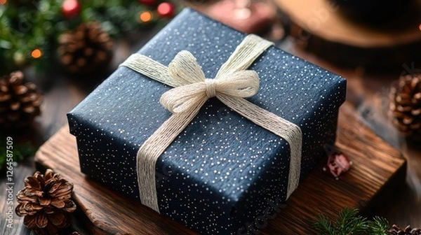 Obraz A beautifully wrapped gift box with a white ribbon on a wooden surface, surrounded by pine cones and festive decorations