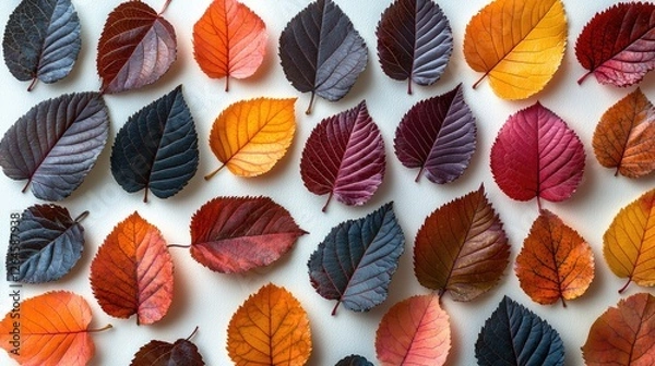 Fototapeta Colorful autumn leaves arranged artistically on a white background showcasing nature's beauty