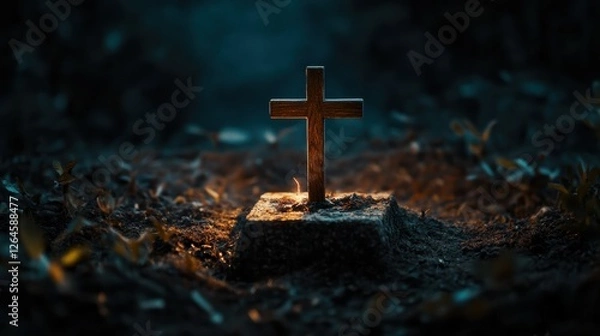 Fototapeta Wooden Cross Illuminated at Night in a Graveyard - Spiritual Symbolism and Faith Conceptual Image for Religion and Remembrance Themes