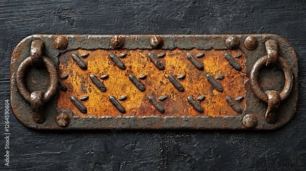 Obraz Rusty metal plate with textured surface, featuring rivets and worn edges against dark background