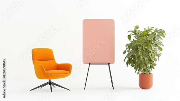Obraz Modern interior setup featuring an orange chair, blank pink board, and a green plant in a minimalist space