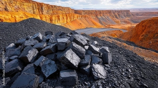 Fototapeta A stunning view of a mining site showcasing black coal piles against a dramatic canyon backdrop