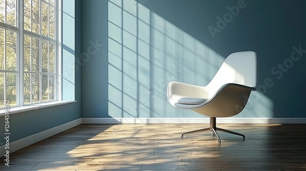 Obraz Modern chair in a sunlit room with large windows casting shadows on the floor