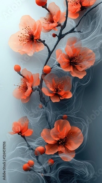 Obraz Delicate orange blossoms entwined with ethereal smoke against a soft gradient background