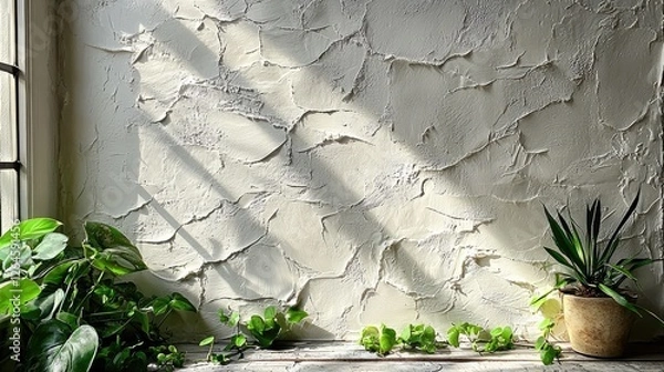 Obraz Sunlit interior with textured wall and various indoor plants creating a serene atmosphere