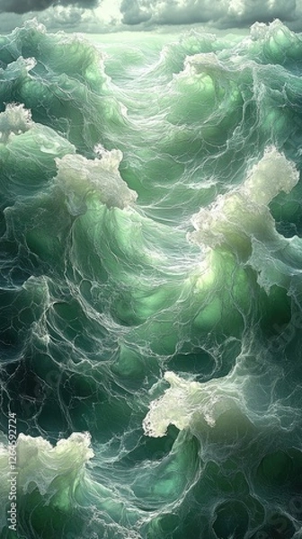 Obraz Turbulent ocean waves with frothy white crests under a cloudy sky, evoking a sense of adventure