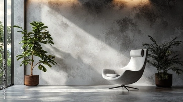 Obraz Modern interior design featuring a stylish chair and lush plants in a sunlit room