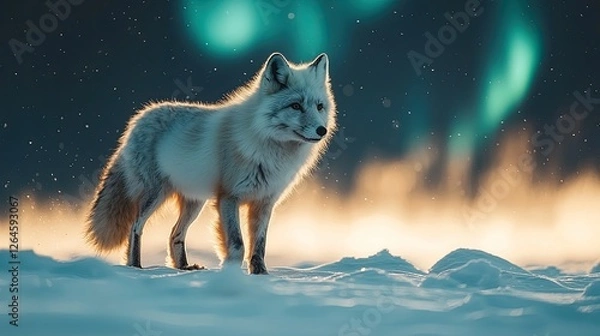 Fototapeta Arctic fox standing in snow under northern lights with a serene winter landscape background