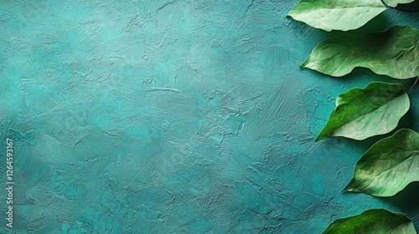 Obraz Vibrant teal textured background with lush green leaves creating a serene natural atmosphere