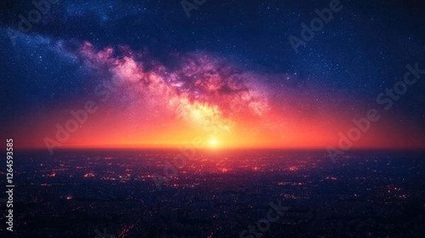 Fototapeta Stunning panoramic view of a vibrant sunset over a sprawling cityscape with stars above